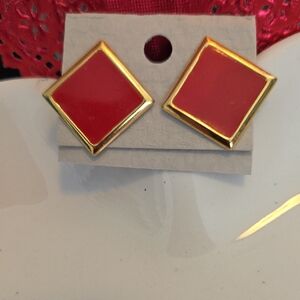 Gold and Red Square Earrings